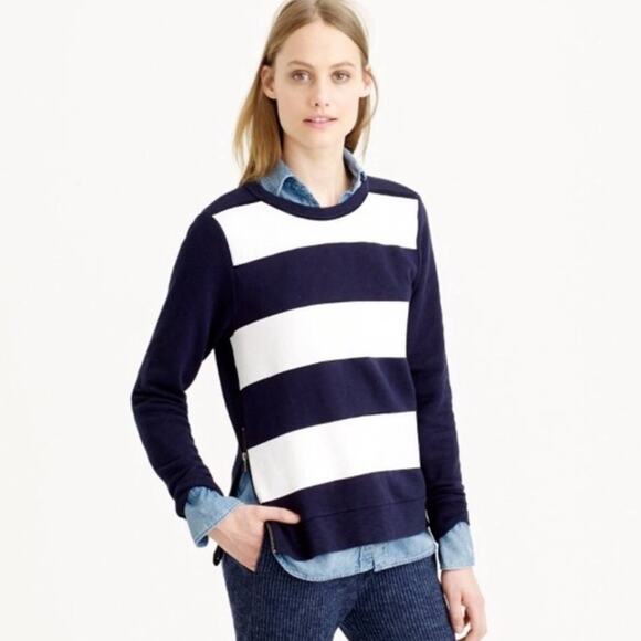 J CREW Navy White Nautical Preppy Striped Crew Neck Zipper Pullover Sweater XS - Picture 1 of 8